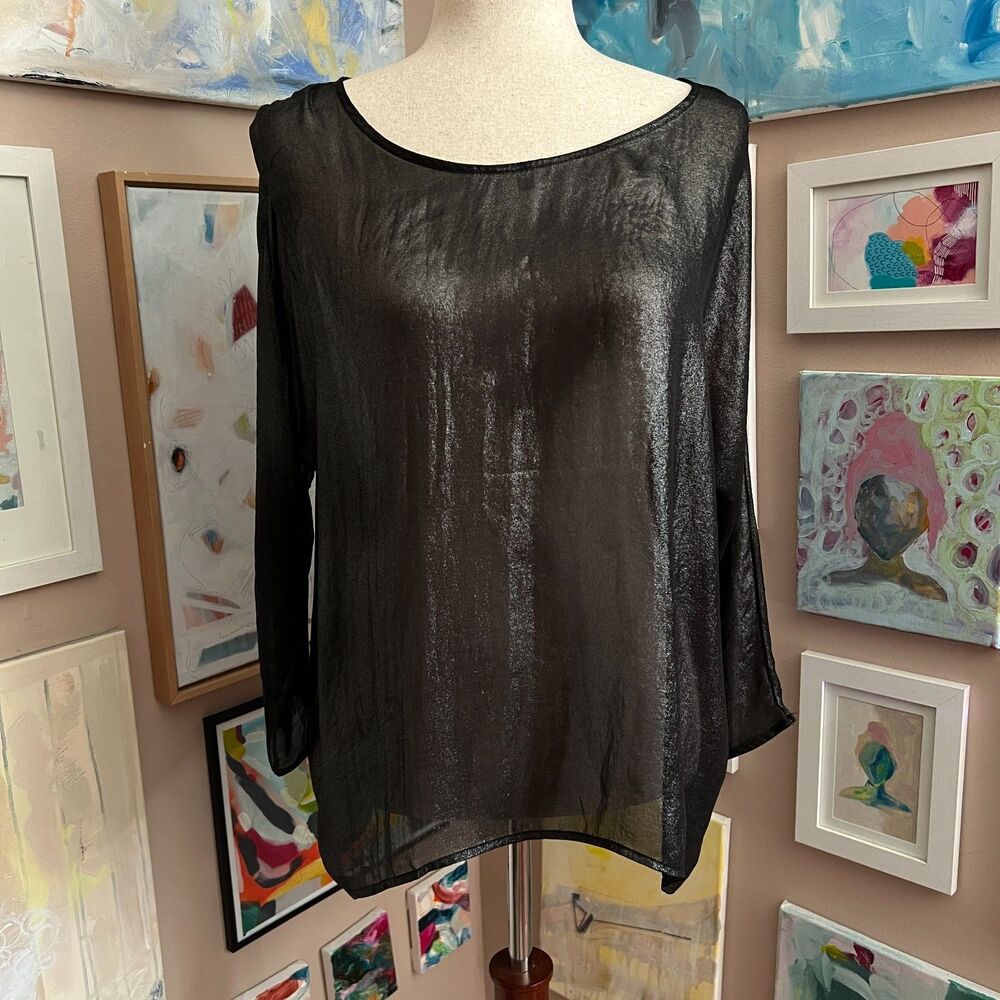 MNG‎ Casual Black Sheer Metallic Shimmer Blouse Long Sleeve Women's Size Medium